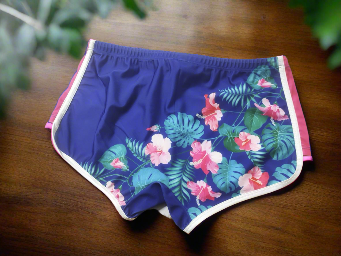 Blue and pink tropical flowers swimwear square cut shorts trunks