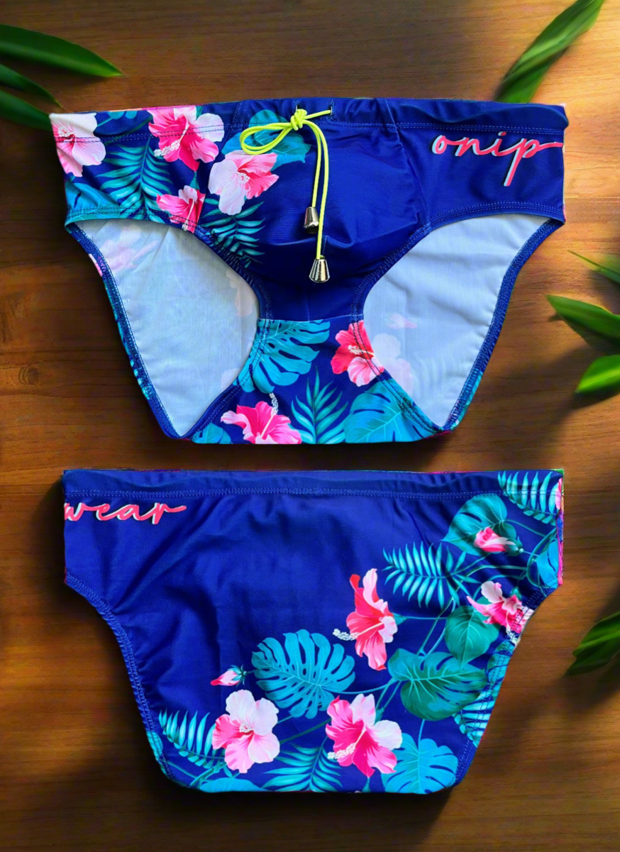 Blue tropical pink flowers swimwear briefs