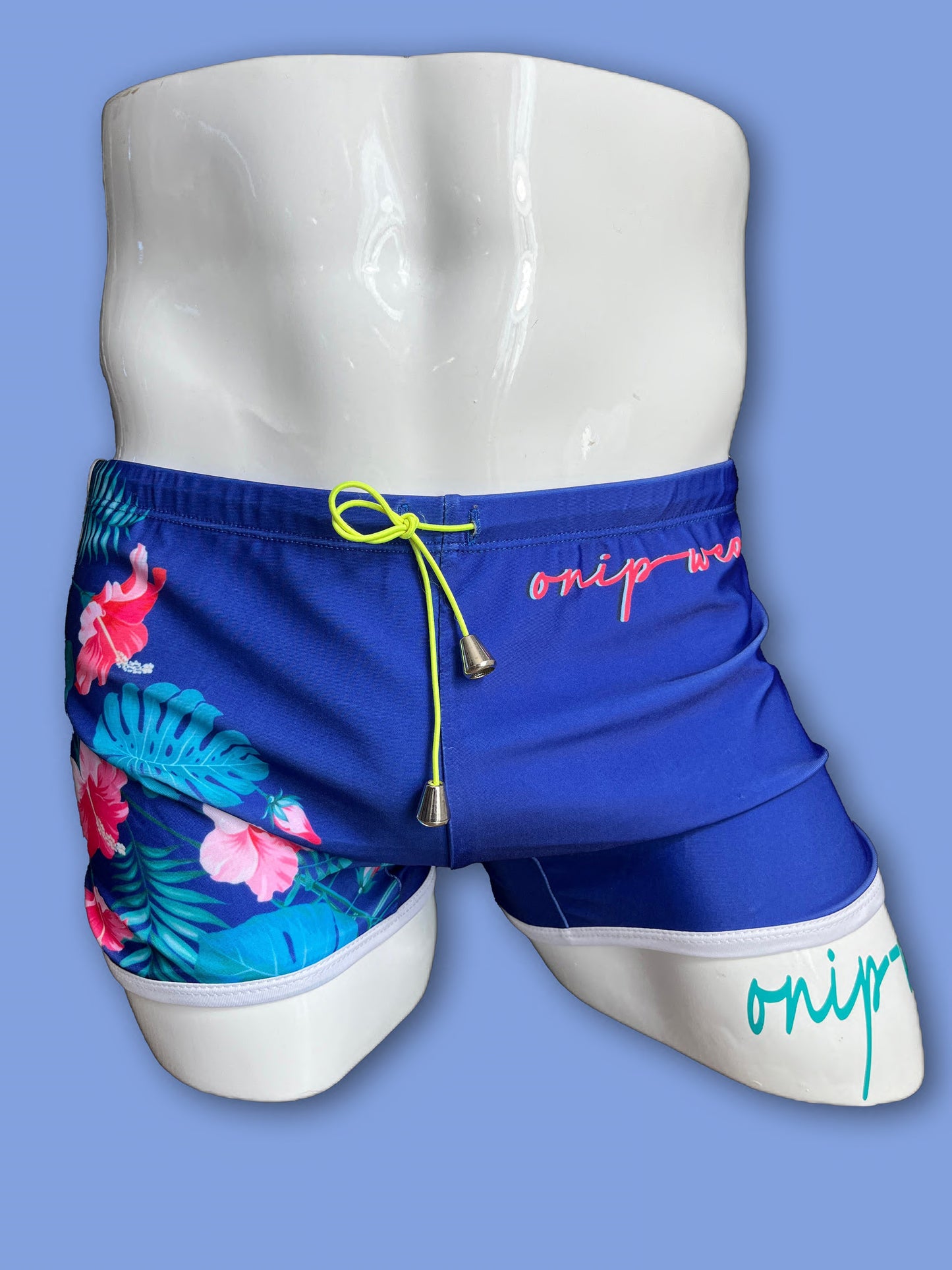 Blue and pink tropical flowers swimwear square cut shorts trunks