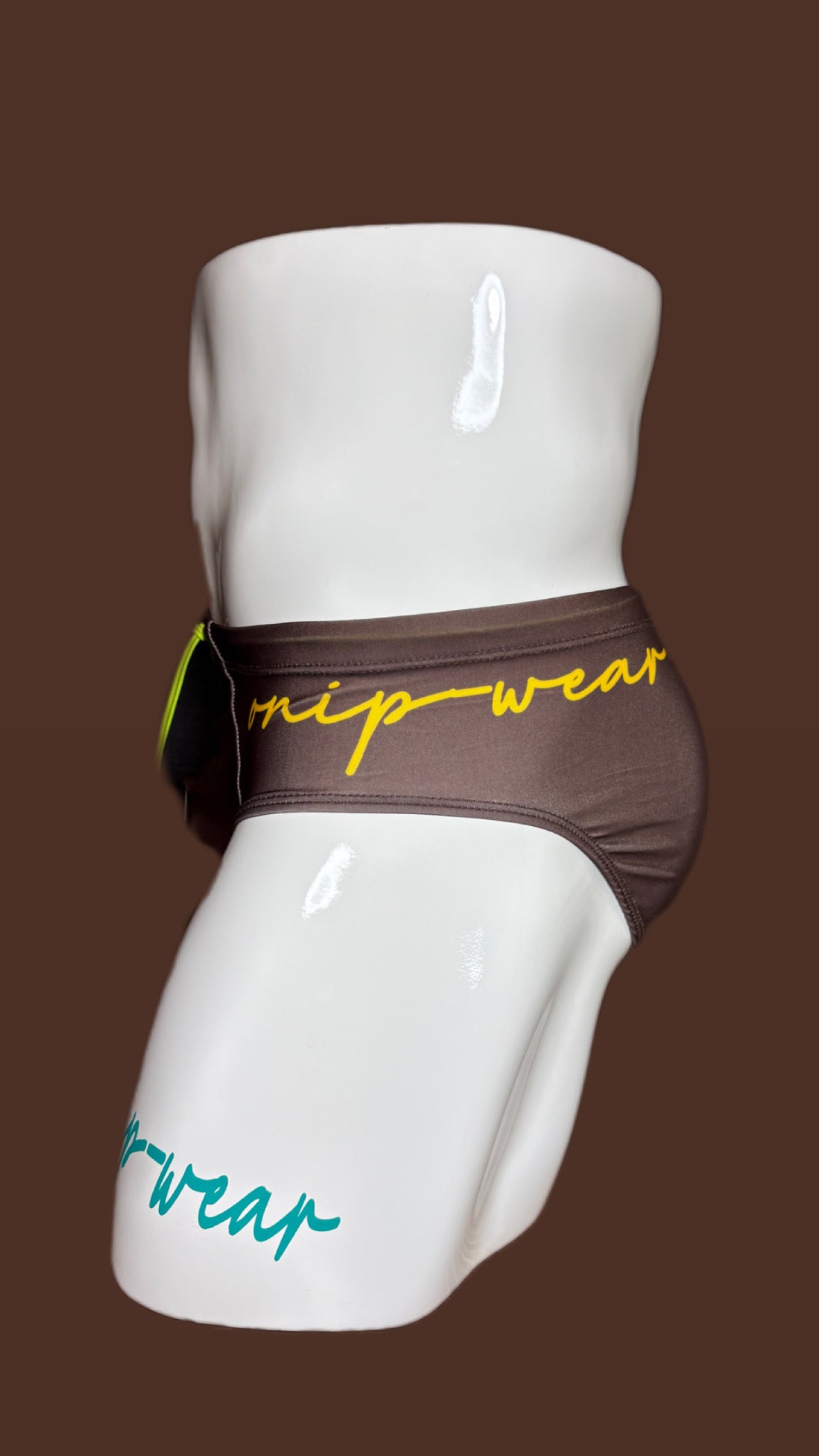 Brown with yellow accent swimsuit by Onip-wear