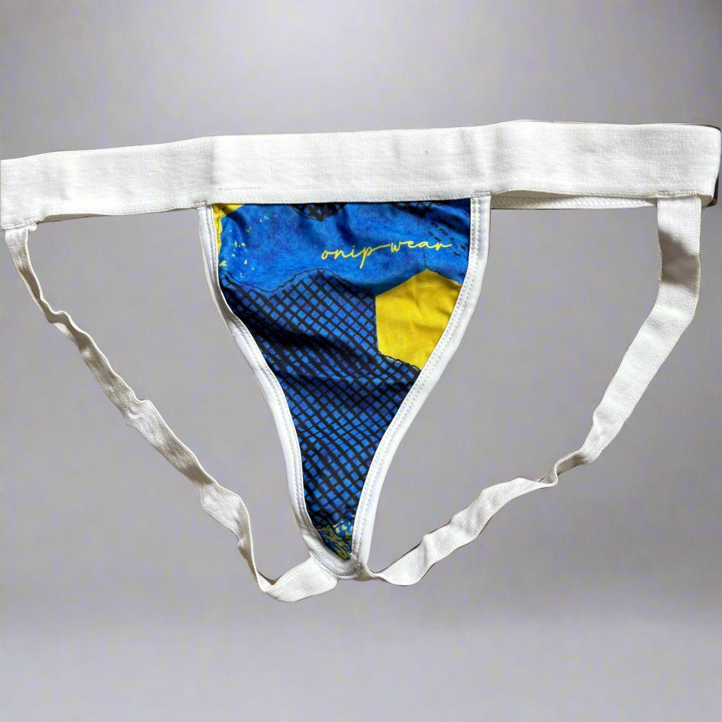 flat front jockstrap blue and yellow trans mac