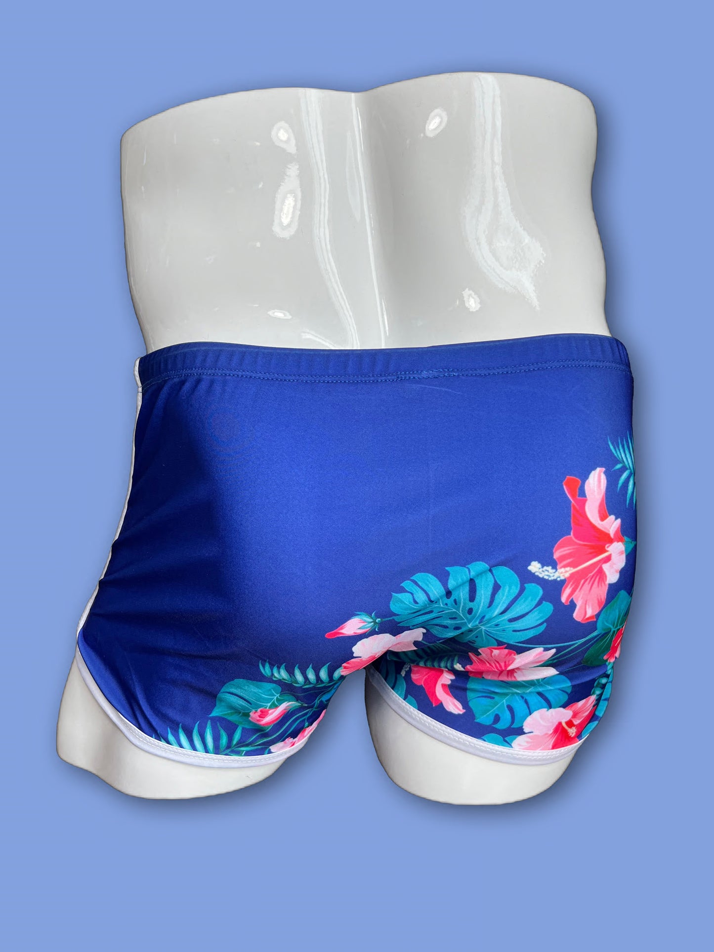 Blue and pink tropical flowers swimwear square cut shorts trunks