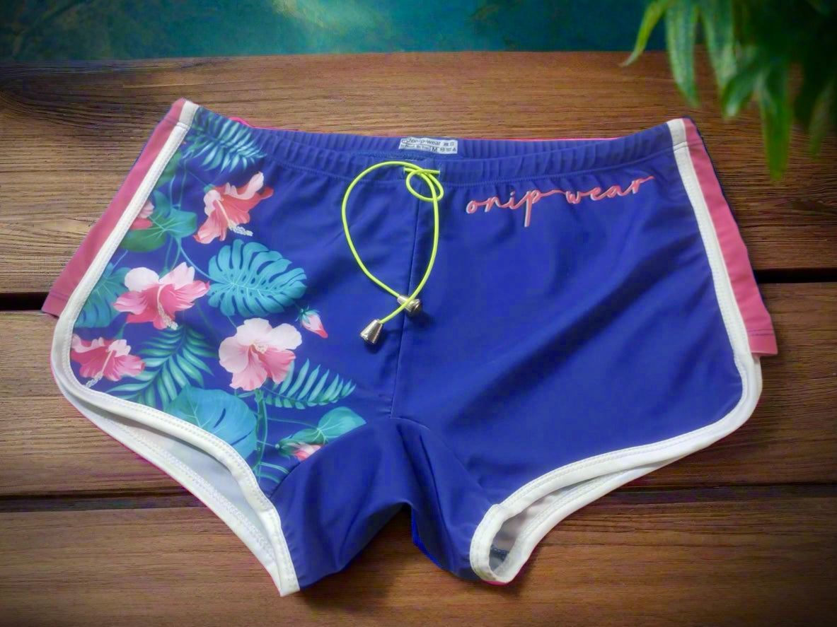 Blue and pink tropical flowers swimwear square cut shorts trunks