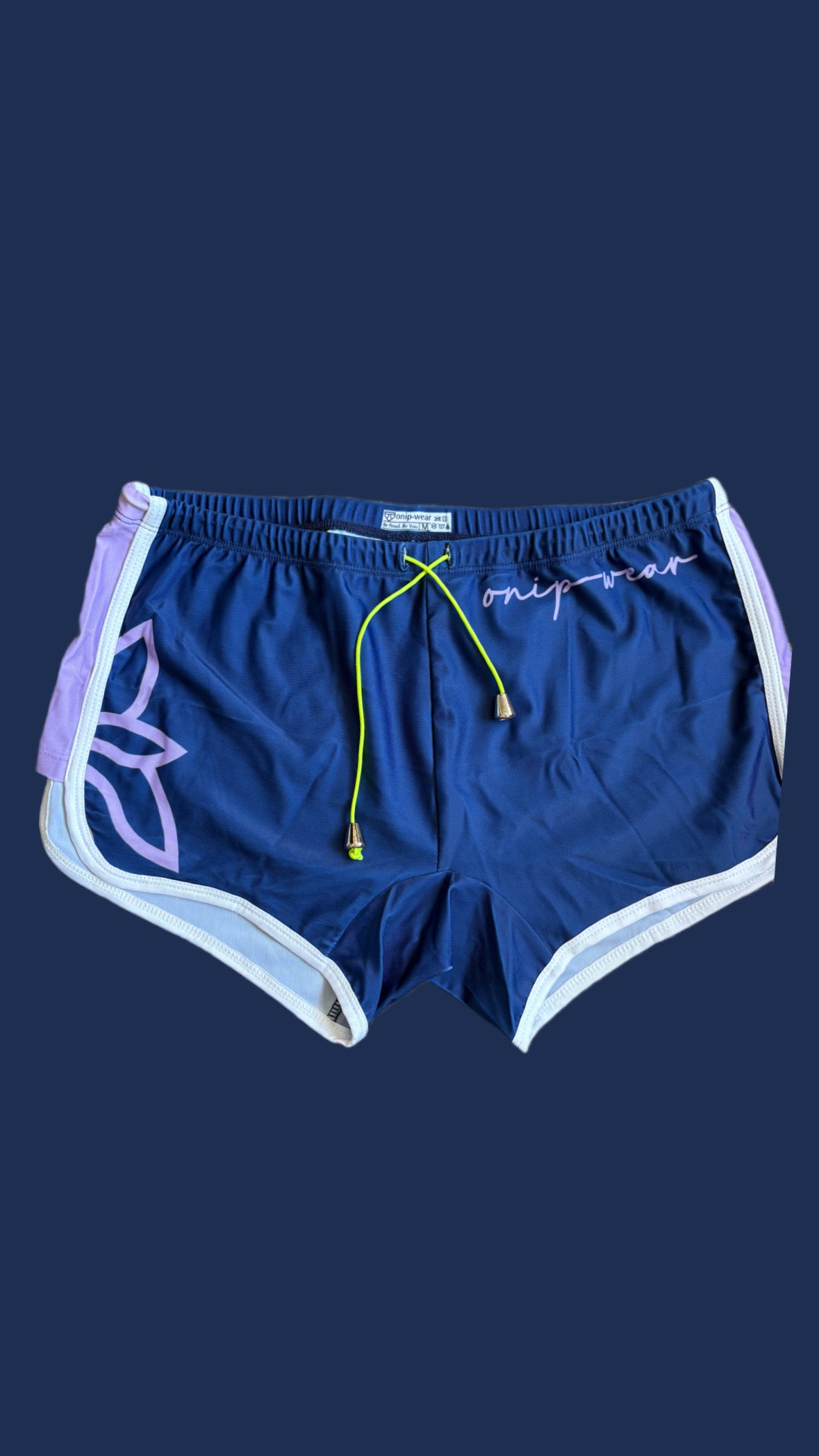 Classic Navy with lilac accent square cut Swimshorts by Onip-wear