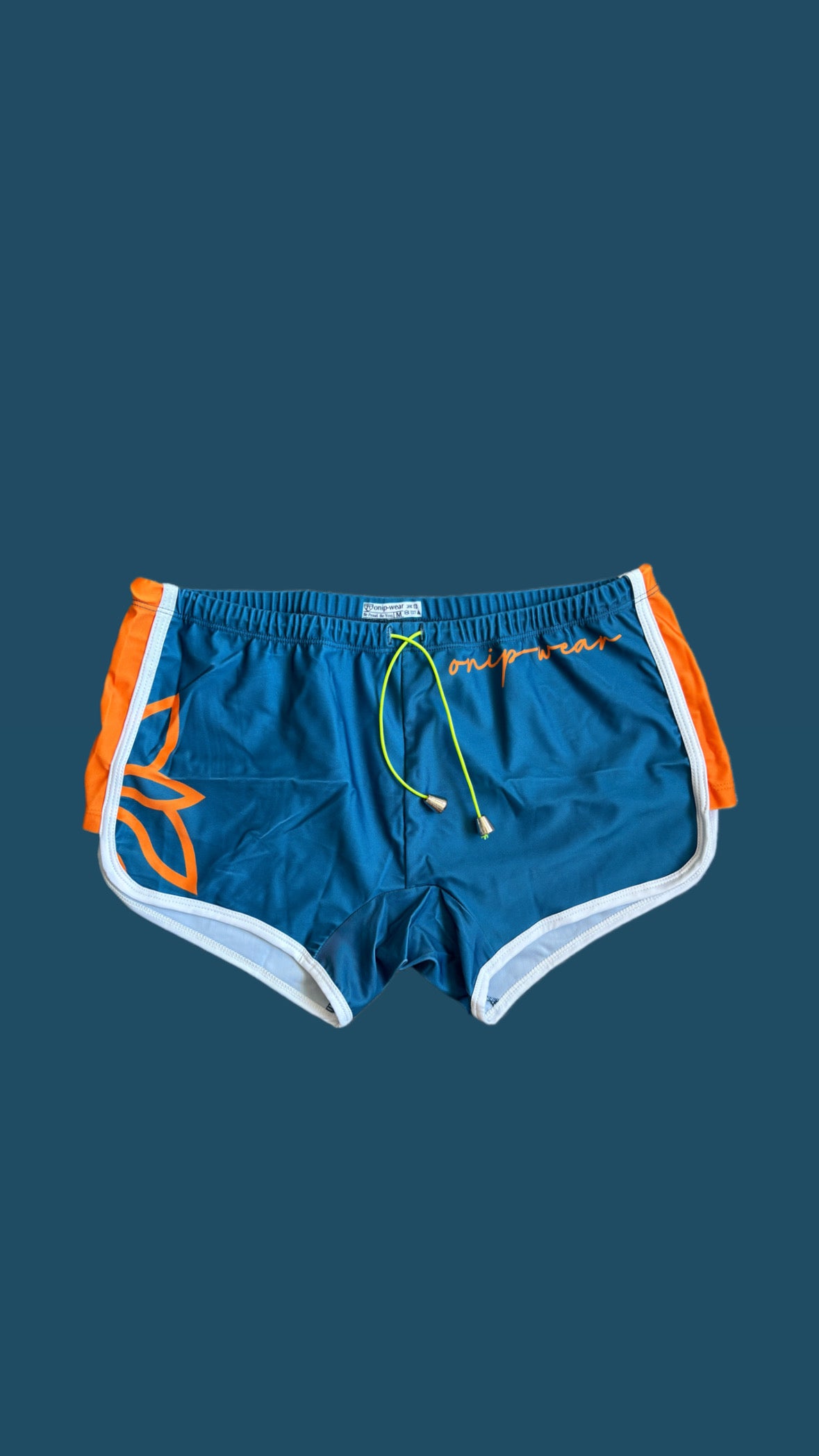 Deep Teal Square Cut Swim Short with Orange Detail | Onip‑Wear