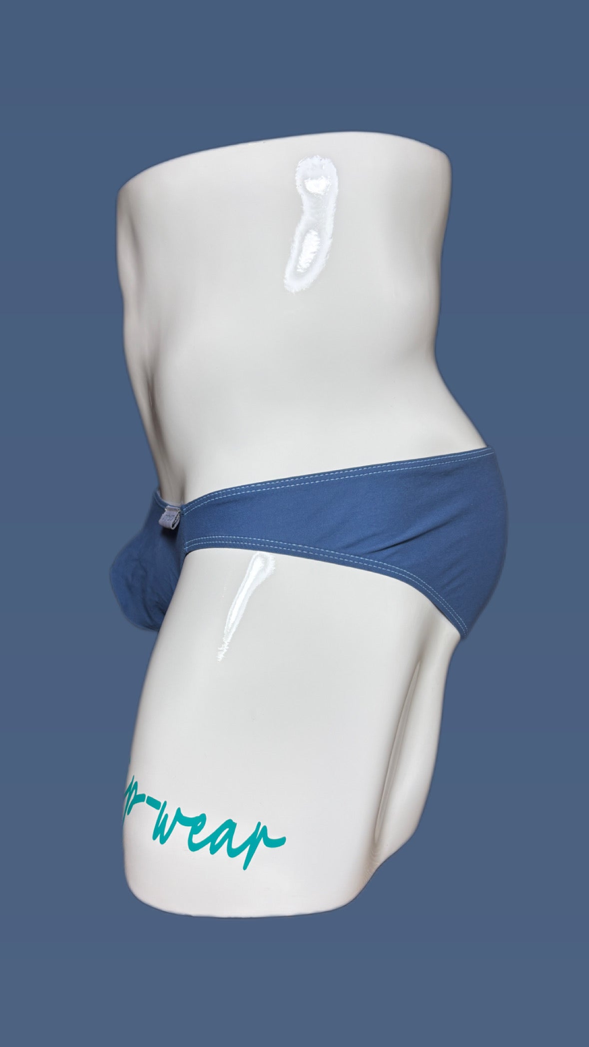 Blue underwear on a white mannequin with 'onip-wear' branding against a blue background