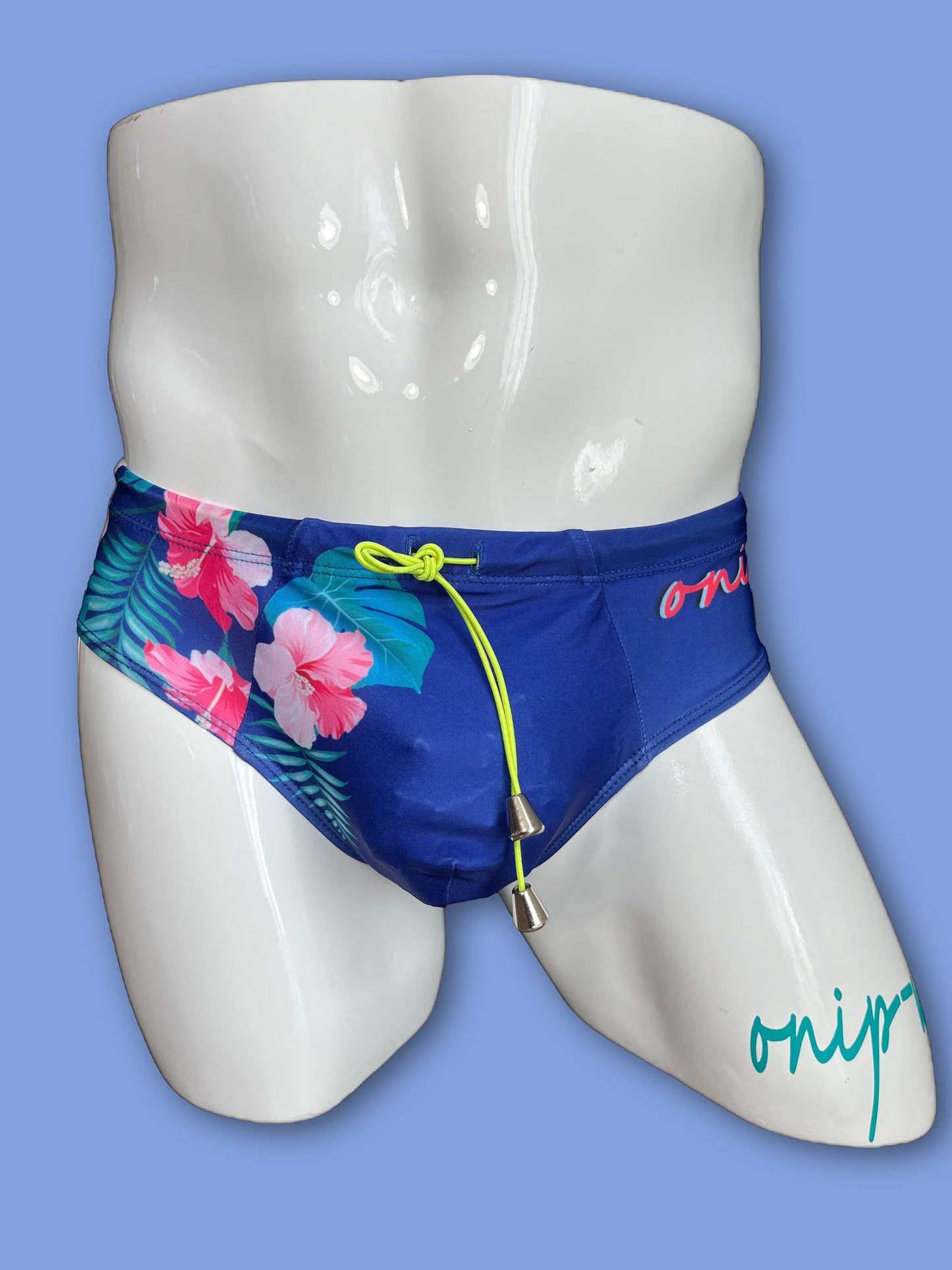 Blue tropical pink flowers swimwear briefs