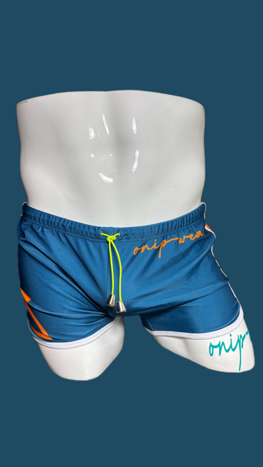 Deep Teal Square Cut Swim Short with Orange Detail | Onip‑Wear