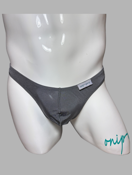 Gray men's underwear on a mannequin with 'onip' branding.