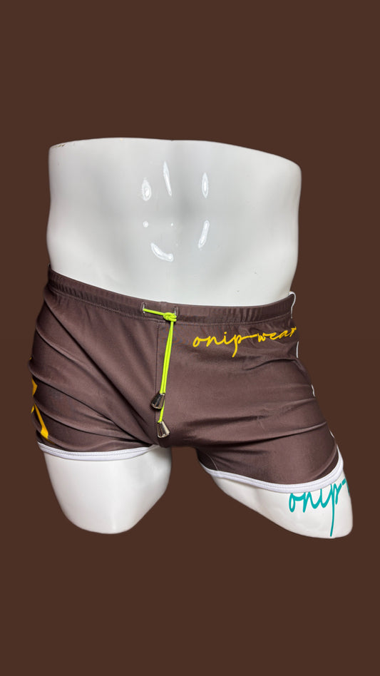 Brown with yellow accent swimsuit square cut by Onip-wear