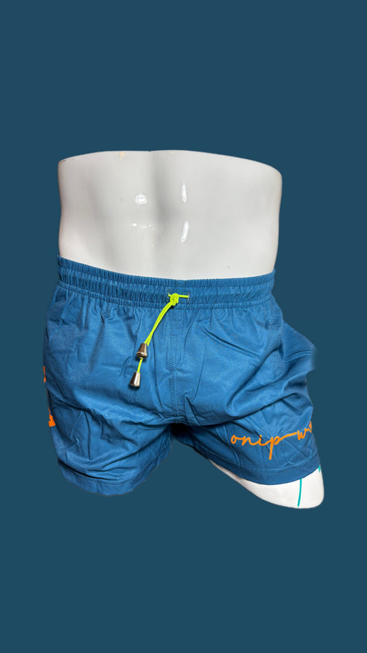 Deep teal with orange swim shorts with pockets and inner liner by onip-wear