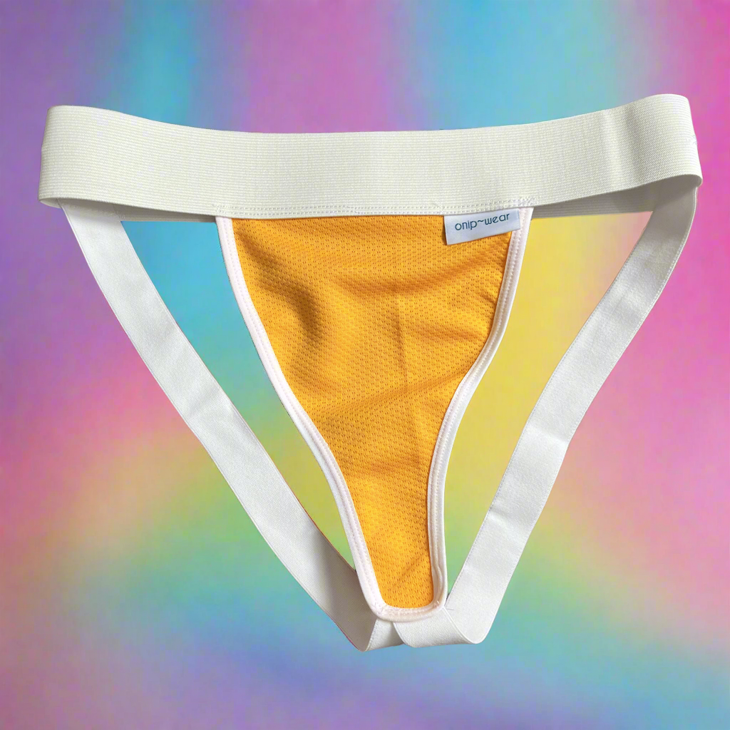 A flat front jockstrap underwear with orange mesh and white trim, displayed against a multicolored background.