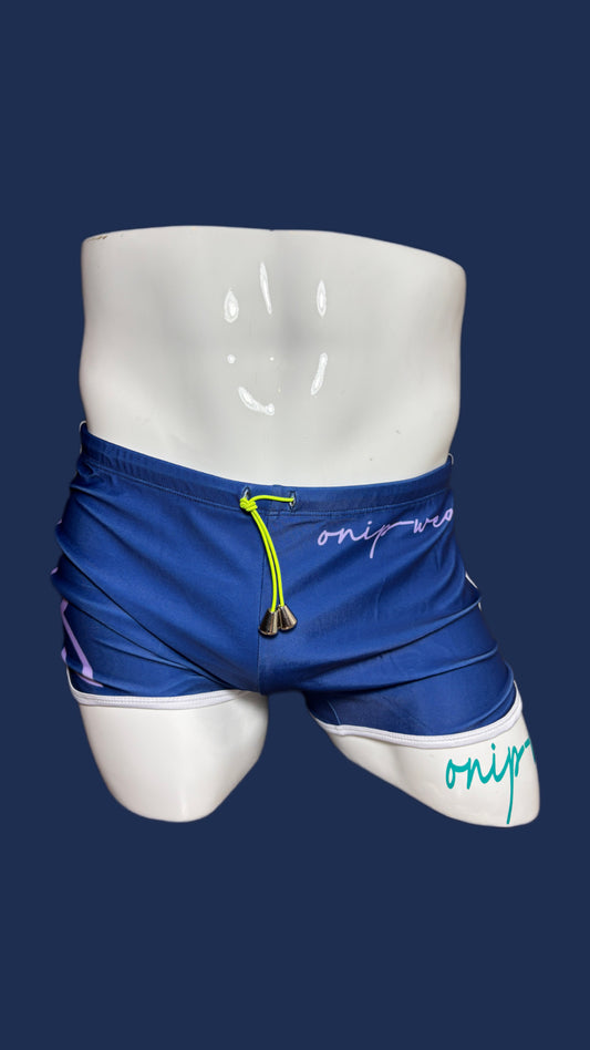 Classic Navy with lilac accent square cut Swimshorts by Onip-wear