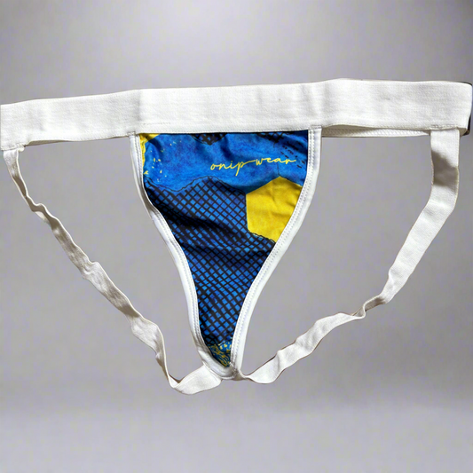 flat front jockstrap blue and yellow trans mac