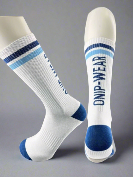 white crew sock retro stripe blue and teal