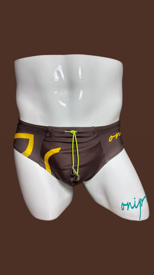 Brown with yellow accent swimsuit by Onip-wear