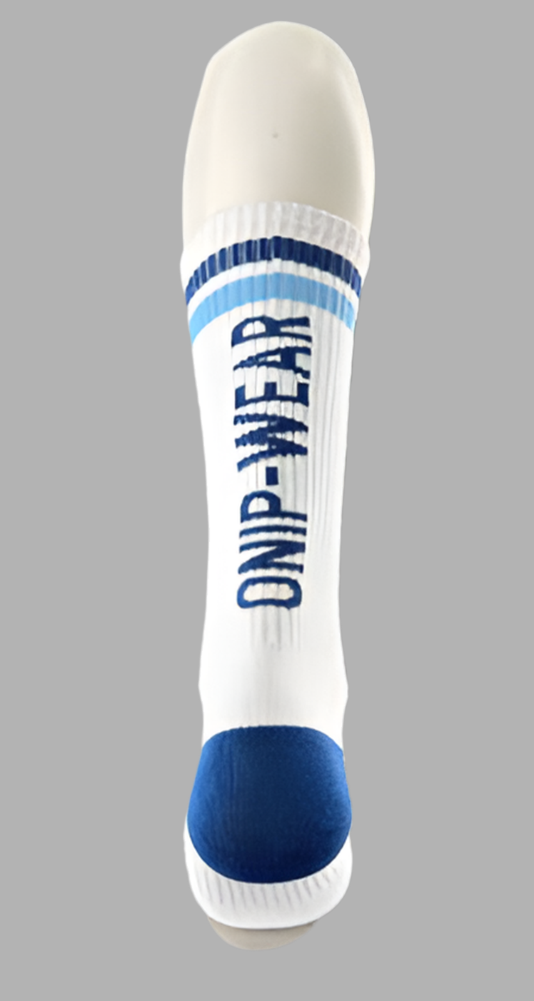 White sock with blue accents and 'onip Wear' branding on a gray background