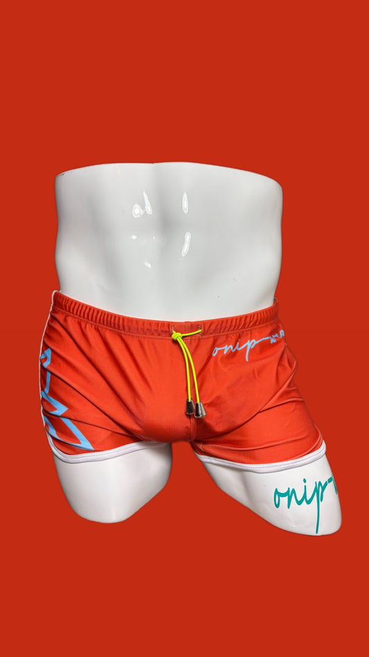 orange with baby blue swim sorts square cut onip-wear
