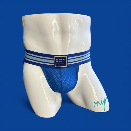 Blue jockstrap with wide waistband on mannequin with blue background 