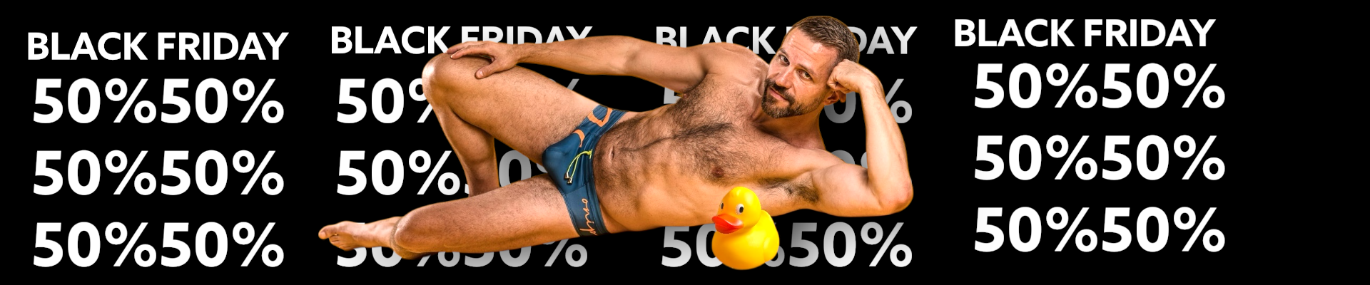 Black Friday 50% off man in swimsuit